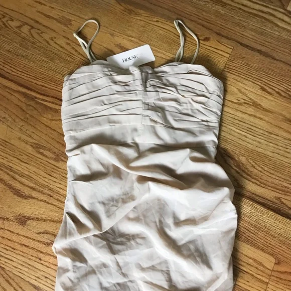 House of CB Wonmen Railea Nude Corset Ruched Midi Sheer Chiffon Dress NWT - Picture 2 of 9